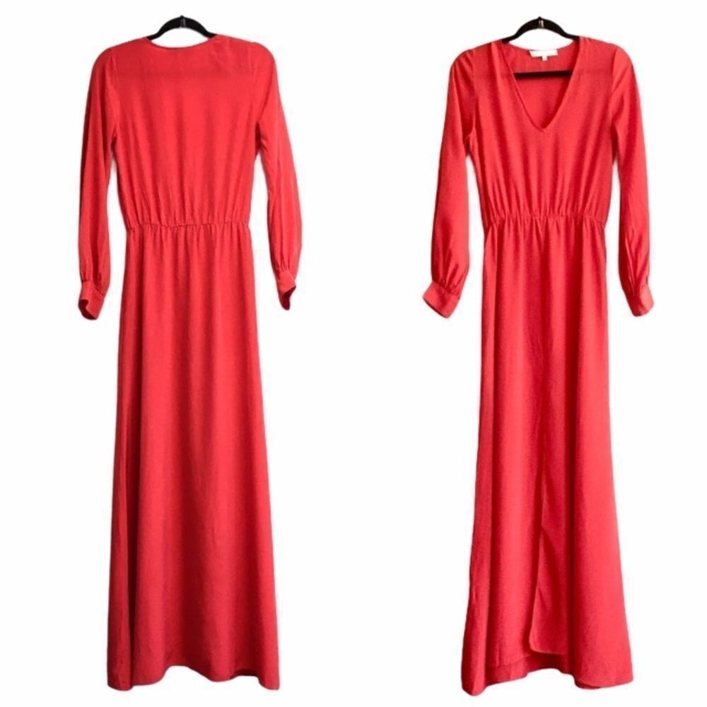 ALEXIS Boho Chic Vintage-Inspired Silk Maxi Dress Long Sleeves V-Neck Red XS
